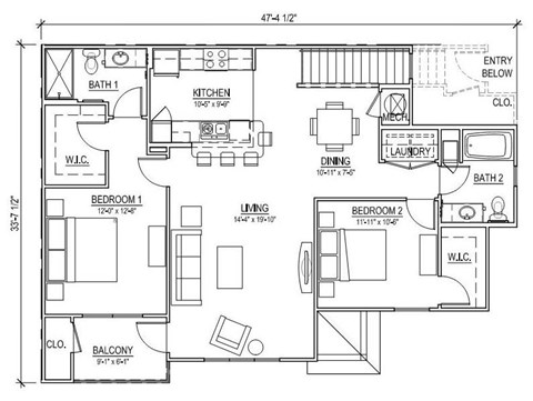 Floor plan for 2 beds, 2 baths, 1403 sqft